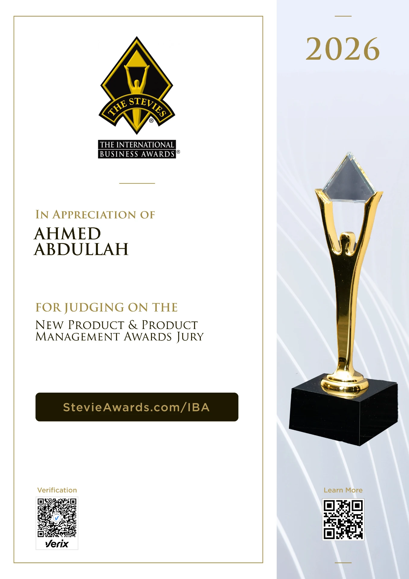 Ahmed Abdullah — 2026 International Business Awards judge certificate