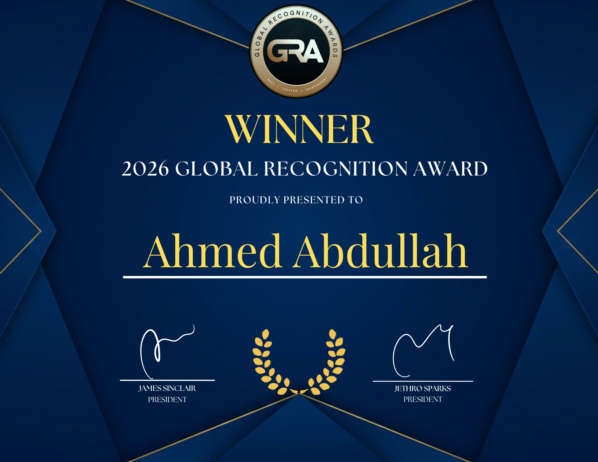 Global Recognition Award 2026 certificate presented to Ahmed Abdullah