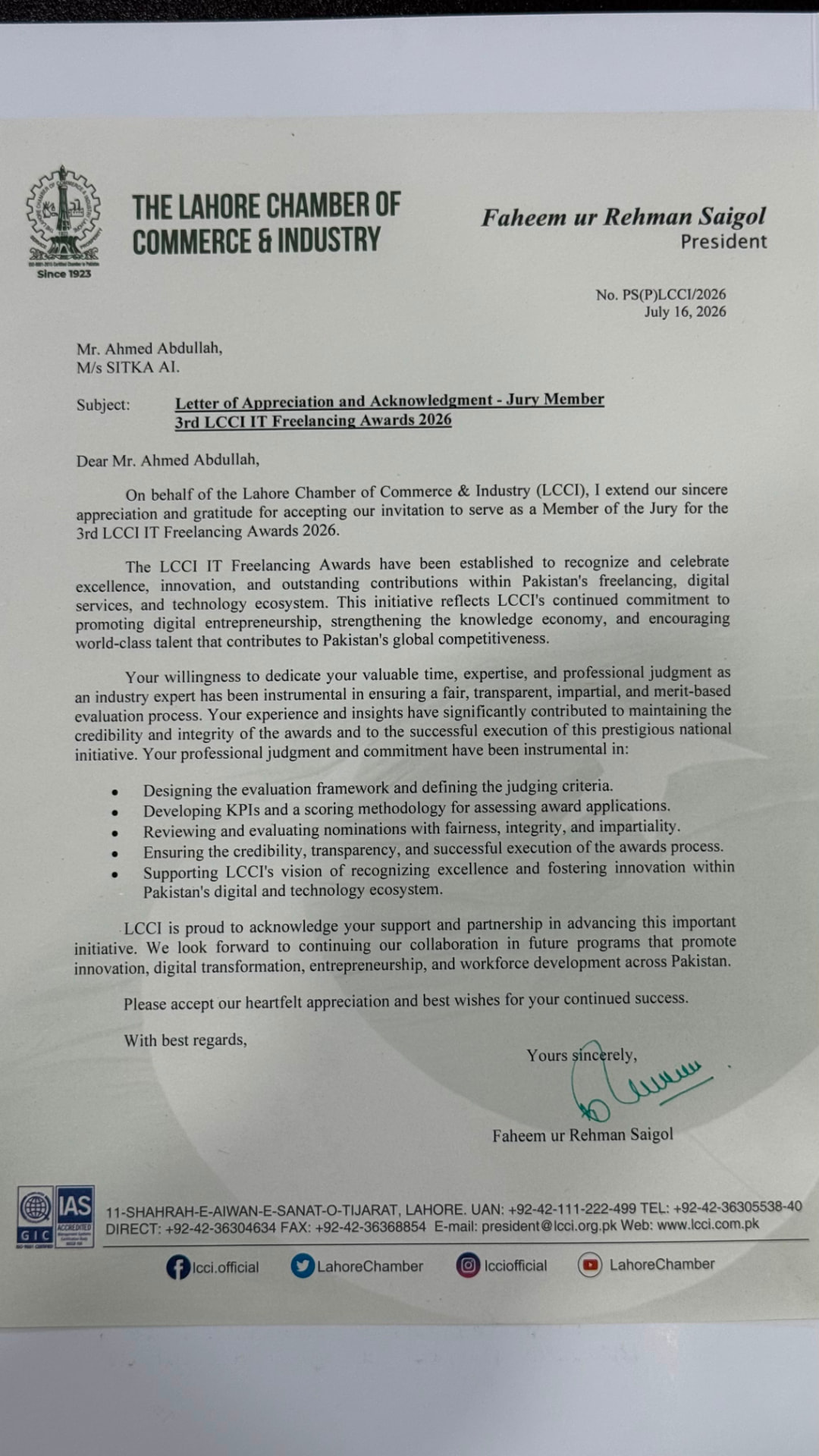 Letter of Appreciation and Acknowledgment - Jury Member, 3rd LCCI IT Freelancing Awards 2026
